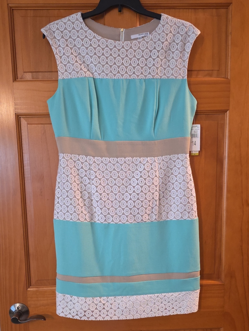 NWT Sleeveless Dress Studio One New York Mint Teal Lace Sheath Dress Size 14